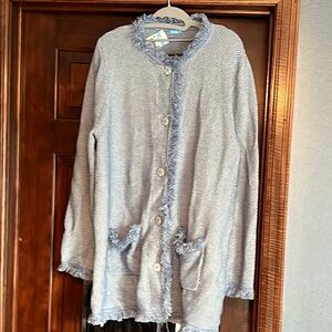 J. McLaughlin Lexa knit fringe trim coastal Blue Button-Up Cardigan